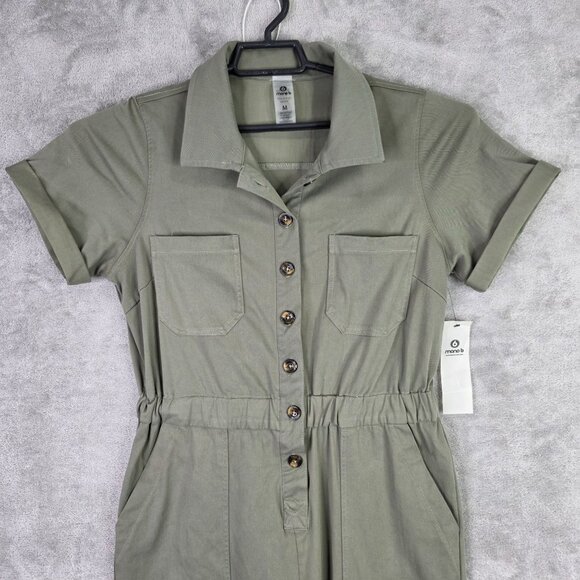 Womens Mono B Olive Green Utility Jumpsuit Button Up Front Short Sleeves Size M - Picture 4 of 11